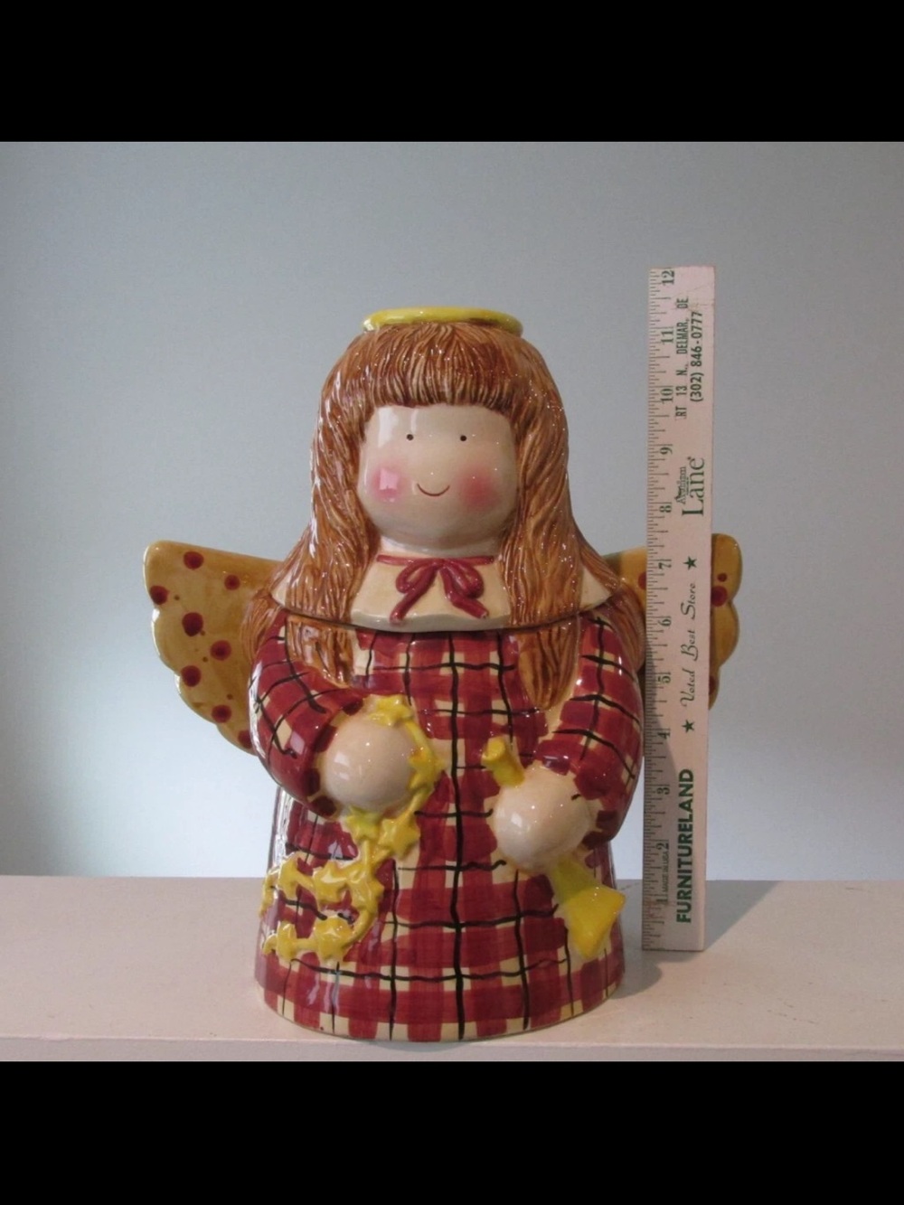 Sakura Red Plaid Angel Cookie Jar with Yellow Accents